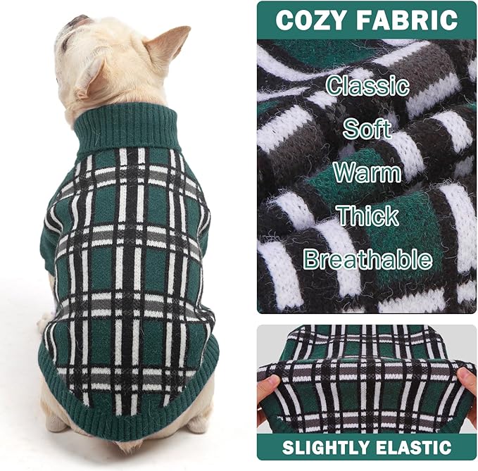 SCENEREAL Turtleneck Dog Sweater for Small Medium Large Dogs Girls Boys, Christmas Plaid Pullover Puppy Sweatershirt, Dogs Cold Weather Outfit Clothes, Ideal Gift for Pet in New Year, Green Plaid L