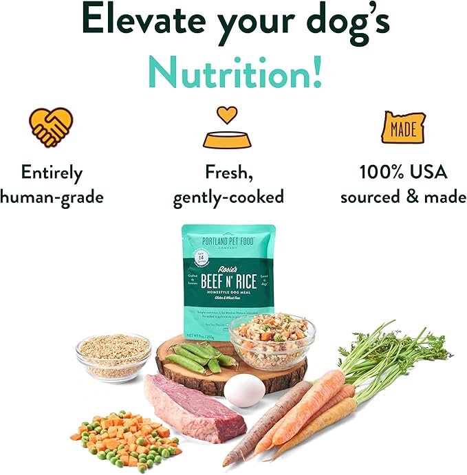 Portland Pet Food Company Fresh Dog Food Pouches - Human-Grade Toppers Wet Pet Meal & Mixers - Small & Large Breed Puppy & Senior Dogs - Gluten-Free, Limited Ingredient Rosie’s Beef N' Rice - 5 Pack