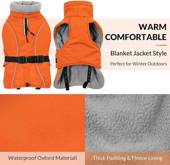 Queenmore Winter Dog Coat Warm Dog Jacket Vest Waterproof Puffer Fleece Snowsuit Adjustable Buckle Leash Hole Reflective Cold Weather Parka for Small Medium Large Dogs Girl Boy Orange XXL