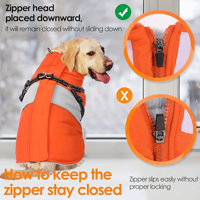 AOFITEE Dog Coat Warm Dog Winter Coat, Waterproof Dogs Jacket with Harness, Dogs Snow Jacket Snowsuit with Zipper & Furry Collar, Reflective Windproof Pet Sweater for Cold Weather, French Bulldog, L