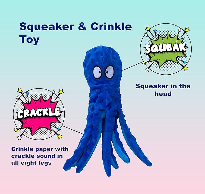Squeaky Dog Toys Octopus - No Stuffing for Small, Medium and Large Breeds, Tough Dog Toys to Keep Them Busy, Durable and Soft Crinkle Plush Puppy Chew Toys for Teething and Boredom (Blue Octopus 1PC)