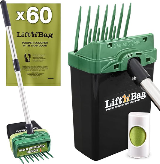 Neater Pet Brands Lift N’ Bag 2.0 Dog Pooper Scooper with Bag Attachment & 27" Pole for Small to Large Dogs, New & Improved Design, 60 Refill Bags, Heavy Duty Dog Poop Scooper for Yard, One-Hand Use