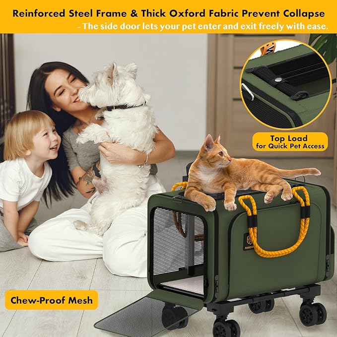 PAWZIDEA Expandable Pet Carrier with Wheels, 18"X11"X11" TSA Airline Approved Cat Carrier for 2 Cats Under Seat, Foldable Soft-Sided Dog Carrier for Small Dogs Rolling Travel Bag, Max Weight 18 lbs