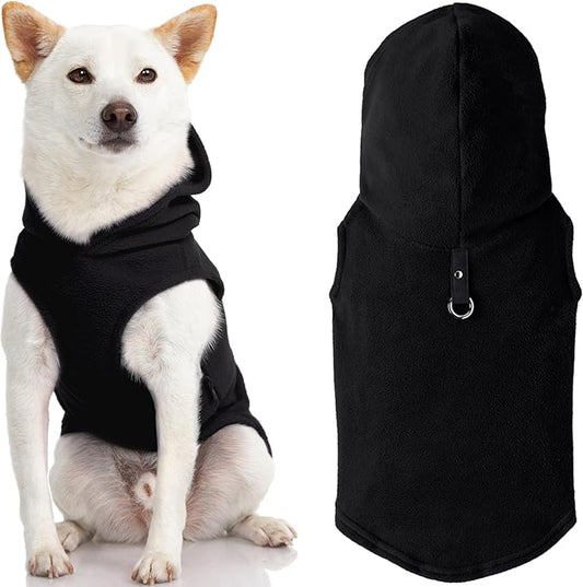 Gooby Fleece Vest Hoodie Dog Sweater - Black, Large - Warm Pullover Dog Hoodie with O-Ring Leash for Small to Medium Dogs