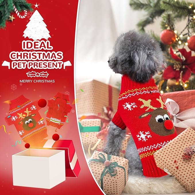 PETCARE Dog Christmas Sweater Red Ugly Funny Cute Cartoon Reindeer Cat Sweaters Jumper Holiday Dog Clothes Puppy Sweaters for Small Medium Large Dogs Fall Winter Outfits Xmas Dogs Costume,X-Large