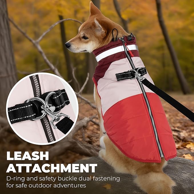 Dog Coats for Small Dogs, Waterproof Warm Dog Winter Jacket with Harness Built in, Reflective Puppy Cold Weather Coats Zip-up Pet Vest with Fleece Lined Dogs Snowsuit, Red Small