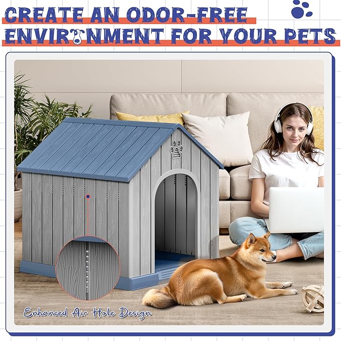 Dog House Outdoor Indoor, Plastic Small Dog House-Weatherproof & Insulated Design with Air Vents & Elevated Floor for Small to Medium Dogs, Easy Clean and Assemble (Blue)