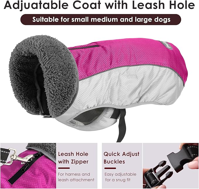 Dog Coat, Waterproof Ripstop Dog Winter Jacket with Leash Hole, Reflective Adjustable Warm Pet Fleece Snow Sweater for Small Medium Large Dogs - Rosy Red, L
