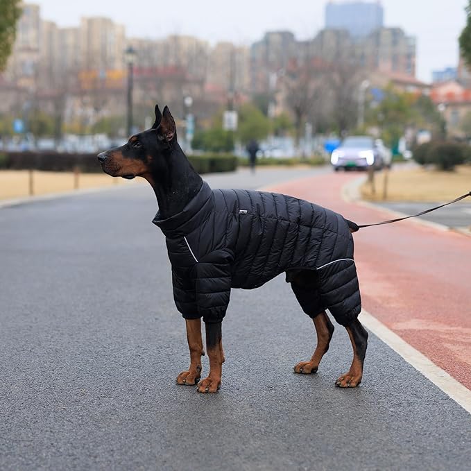 Lovelonglong Warm Jacket - 4 Legs Covered Waterproof Windproof Reflective Vest, Zippered Adjustable Outdoor Snow Jacket for Small Medium Large Dogs, Black XXXXL