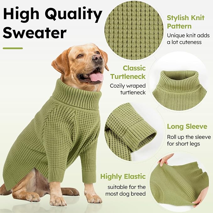 Queenmore Dog Sweater, Turtleneck Dogs Sweaters with Check Pattern, Winter Warm Dog Sweaters for Large Breeds, Solid Pull-on Pet Sweaters, Green L