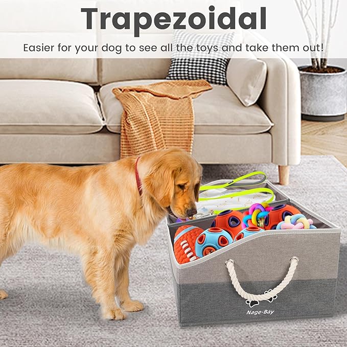 Large Dog Toy Basket With Handle, Foldable Dog Toy Box for Living Room Area, 28.5" Basket for Dog‘s Toys, Clothes, Organizers and Storage with Hard Board, Anti-slip for Pet Toys (Gray, Large)