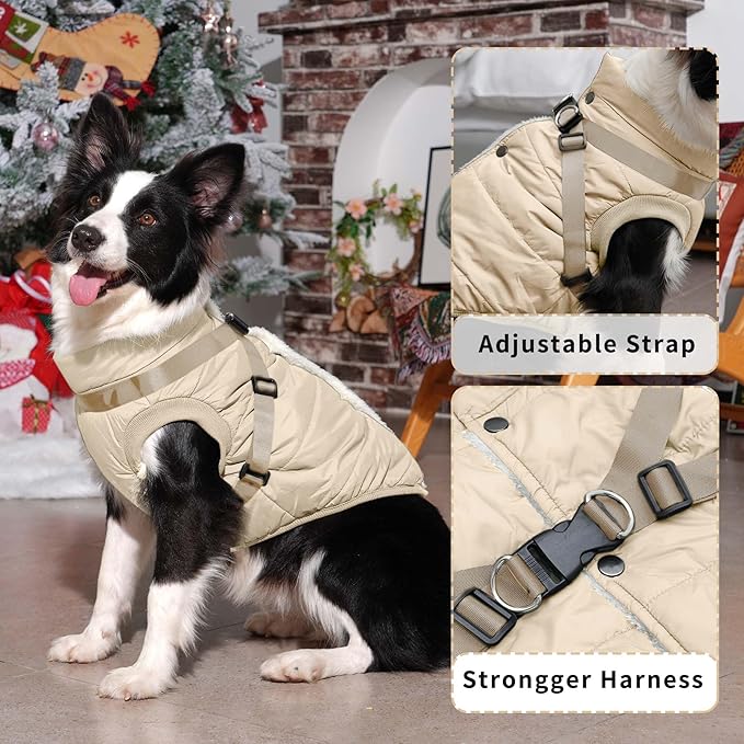 Dog Jacket with Harness,Fleece Lined Warm Puppy Coat for Winter,Soft Windproof Medium Dog Vest,Khaki XL