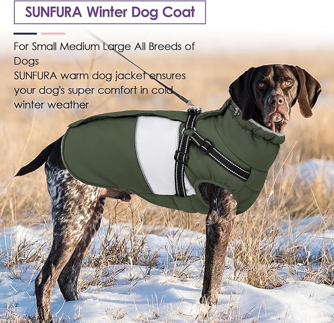 SUNFURA Dog Coat, XXXL Dog Jacket Winter with Harness Built in, Waterproof Pet Snow Jacket with Furry Collar for Chilly Day, Reflective Fleece Snowsuit for Extra Large Dogs, Army Green 3XL