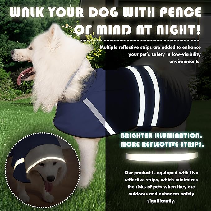 Dog Raincoat, Adjustable Rain Jacket with Hooded Double Layer for Large Medium Small Dogs Puppies, Lightweight Waterproof Rain Coat Poncho with Reflective Stripe Navy,XXL
