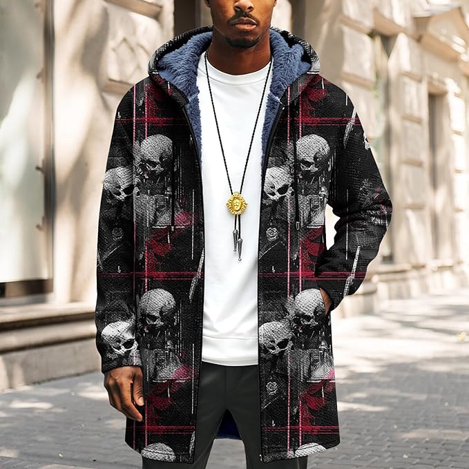 LIZALIG Long Hooded Cardigan Men Japanese Art Style Fashion Cool Graphic Coats Winter Warm Lined Fleece Jacket