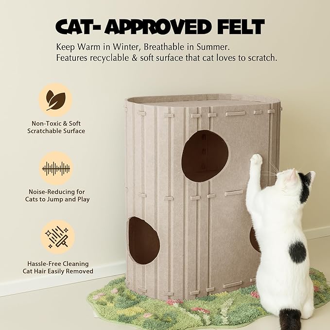 PETKARAY 2-Story Felt Cat House, Large Bed Cave for Indoor Cats, Felt Tunnel Hideaway Condo for Multi-Cat Households, 23.6x22x12 inches, Beige