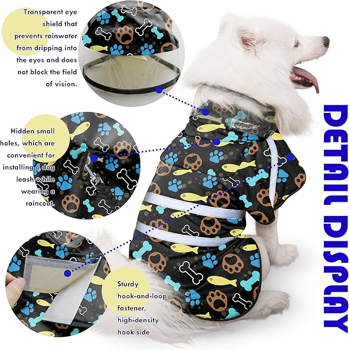 Dog Raincoat, Adjustable Rain Jacket with Hooded Double Layer for Large Medium Small Dogs Puppies, Lightweight Waterproof Rain Coat Poncho with Reflective Stripe Paw Print Black,M