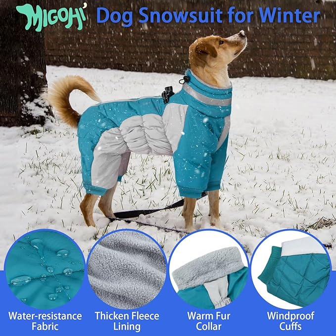 MIGOHI Full Body Dog Coat - Warm Reflective Winter Coat for Medium Dogs with Harness,Turtleneck Dog Fleece Jacket,Four-Leg Windproof Puffer Jackets Snowsuit with Zipper for Small Medium Large Dogs,L