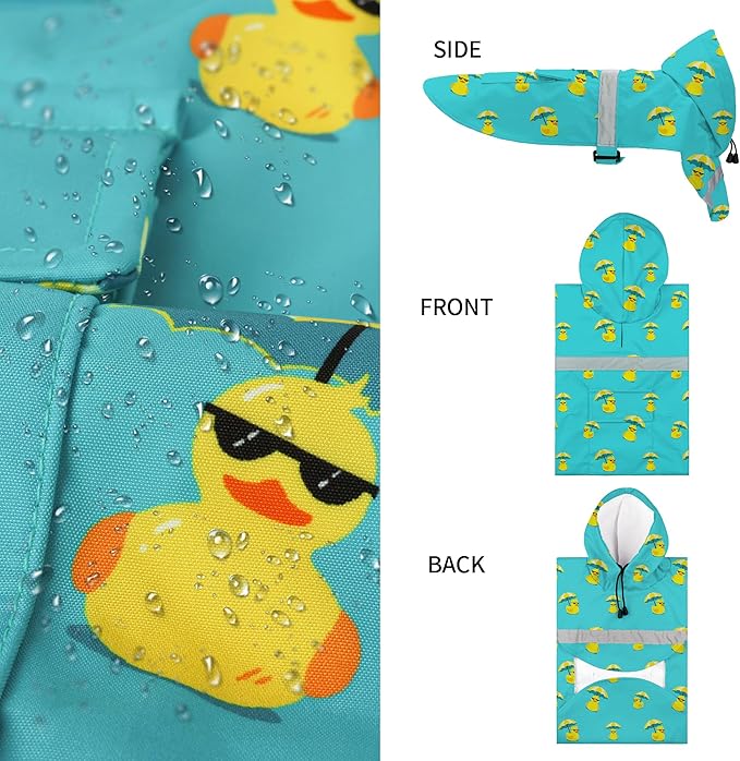 NACOCO Large Dog Raincoat Adjustable - Pet Rubber Ducks Yellow Water Proof Clothes Lightweight Rain Jacket Poncho Hoodies with Strip Reflective Pink (Lake Green 3XL, Sunglass Duck)