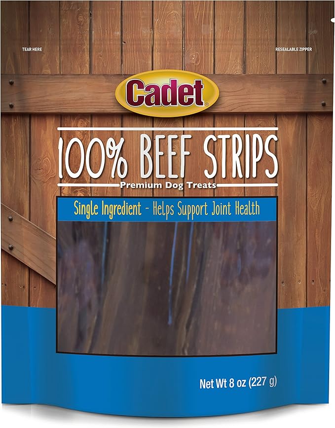 Cadet 100% Beef Strip Long Lasting Chews for Dogs, Single Ingredient Beef Esophagus Dog Treats, Natural High Protein Rawhide Alternative for Small & Large Dogs, 8 Ounce