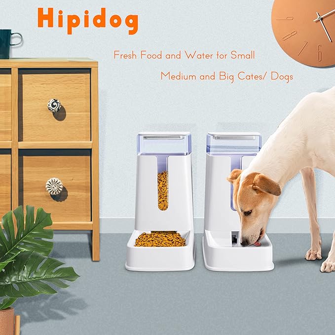 2 Packs Automatic Cat Feeder and Waterer, Gravity Dog Food and Water Dispenser Set for Small Medium Big Pets Cats Dogs Puppy Kitten, 1 Gallon x 2 (White)