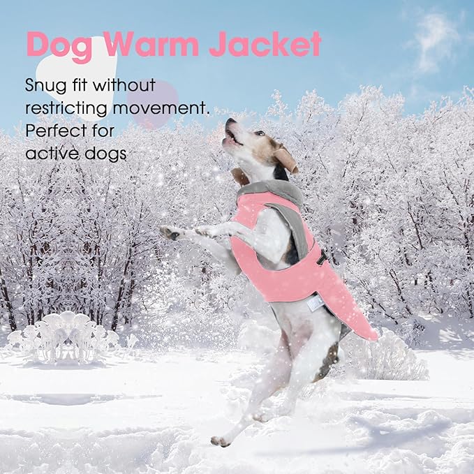 Nanaki Warm Dog Coats for Winter, Fleece Lined Furry Collar, Waterproof Reflective Dog Snowsuit with Leash Hole for Outdoor Walking Hunting, Easy On Cold Weather Puppy Jacket Vest, Beagle, Pink L