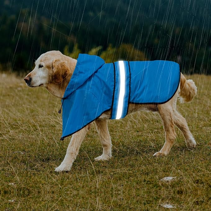 Adjustable Dog Raincoat with Hood - Waterproof Lightweight Slicker Poncho, Safety Dog Rain Jacket with Reflective Strip and Leash Hole for Small, Medium, Large Dogs (Large, Blue)