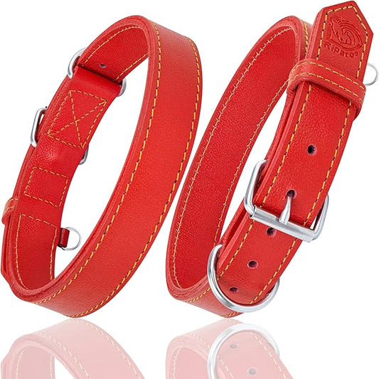 Riparo Dog Collar - Genuine Leather Dog Collars - Heavy Duty Dog Collars for Medium Large and Extra Large Dog Breeds (XXL: 1.75” Wide for 26” - 31” Neck, Red)