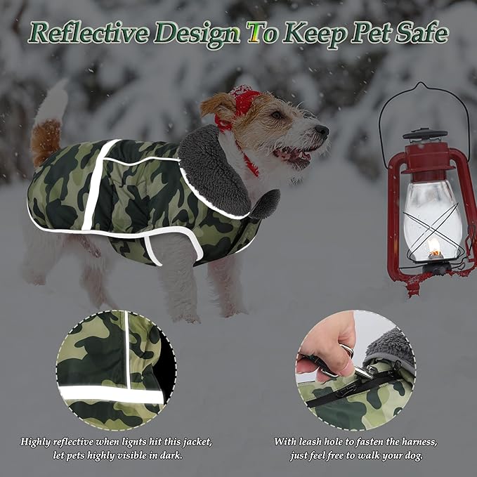 Dogcheer Warm Dog Coat, Waterproof Dog Jacket Reflective Adjustable Puppy Winter Coat with Buckle, Christmas Pet Snow Jacket Turtleneck Fleece Sweater for Small Medium Large Dogs- Camo Green, L
