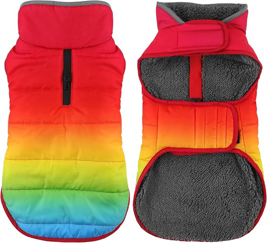 Dog Winter Coat, Waterproof Dog Jacket with Leash Hole, Reflective Adjustable Pet Snow Vest, Warm Fleece Sweater for Small Medium Large Dogs - Rainbow, S