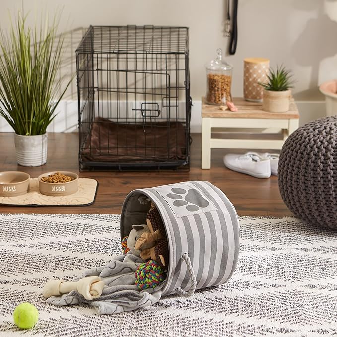 Bone Dry Pet Storage Collection Striped Paw Patch Bin, Small Round, Grayz, Medium Breeds (Pack of 12)