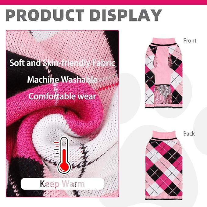 KOOLTAIL Dog Sweater Pet Knitted Clothes - Classic Plaid Pull Over Turtleneck Dog Sweaters with Leash Hole Warm Dogs Winter Clothing for Small Medium Dogs Cats Puppy ML