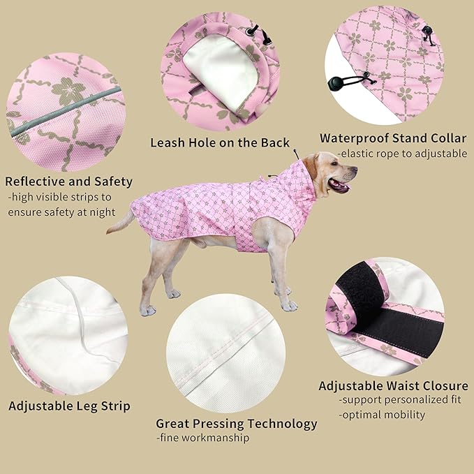 Adjustable Waterproof Dog Raincoat for Dogs,Lightweight Pet Rain Jacket Puppy Clothes with Reflective Strip for Small Medium Large Dogs(Large,Gold Cheery Blossoms Pink)