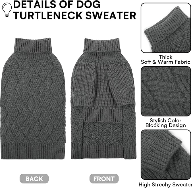KOESON Extra Large Dog Sweater, Warm Soft XL Dog Sweater, Turtleneck Big Sweater for Large Dogs Girls and Boys, Cable Knitted Pet Knitwear with Sleeves for Fall, Winter and Spring, Grey, XLarge