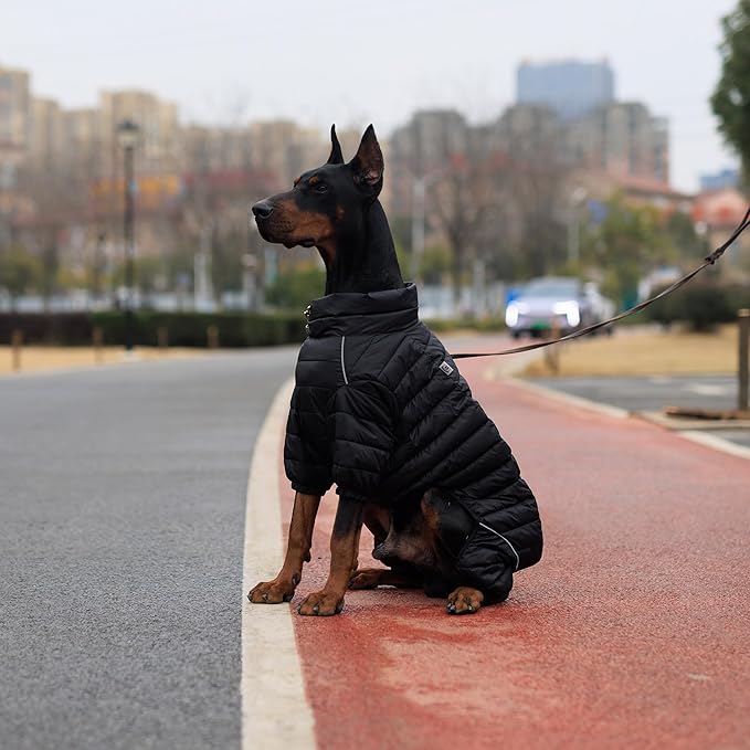 Lovelonglong Dog Coat Dog Warm Jacket, 4 Legs Covered Waterproof Windproof Reflective Warm Dog Vest, Zippered Adjustable Outdoor Dog Snow Jacket for Small Medium Large Dogs Black S