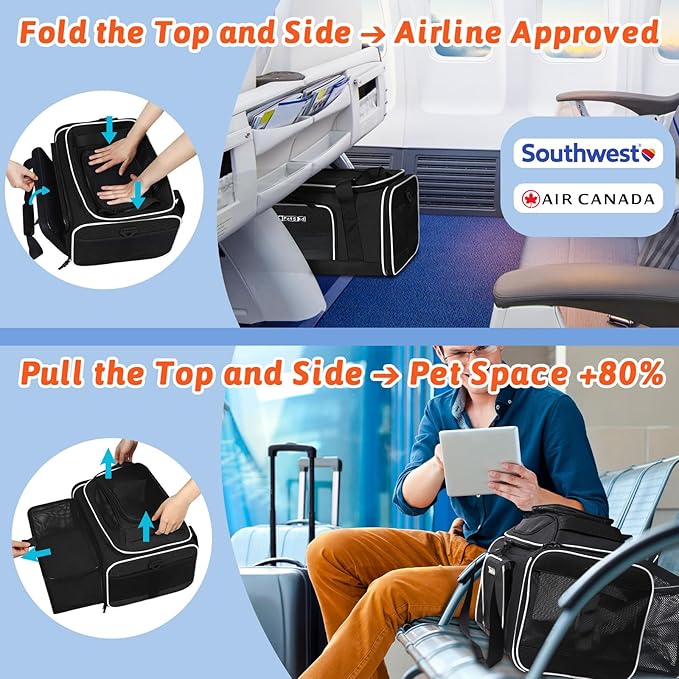 Petskd Top and Side Expandable Pet Carrier 18x13x9.5 Inches Southwest Airline Approved, Soft-Sided Carrier for Small Cats and Dogs with Locking Safety Zippers and Anti-Scratch Mesh(Black)