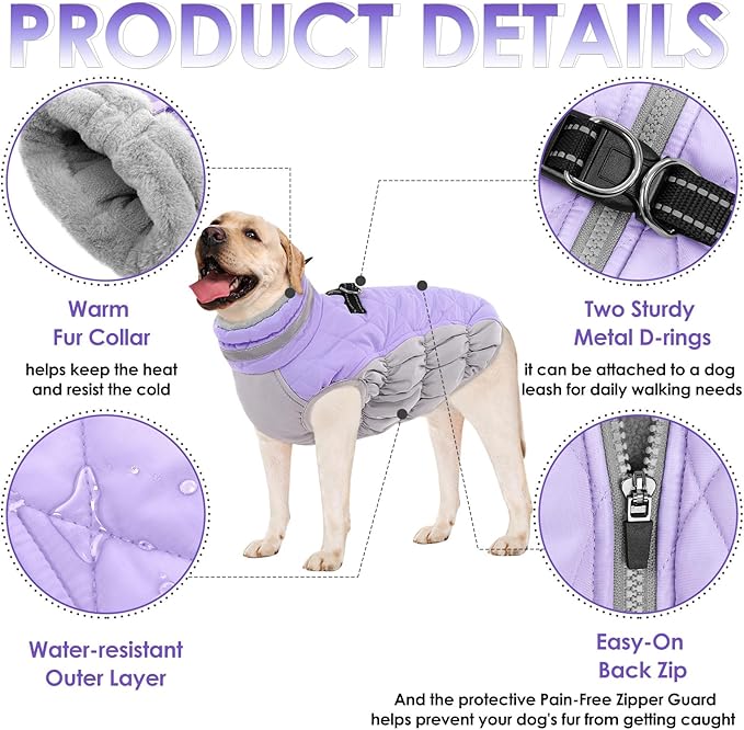 AOFITEE Dog Coat, Warm Dog Jackets for Large Dogs, Reflective Turtleneck Dogs Winter Coat with Harness Built in, Waterproof Windproof Pet Snow Jacket Fleece Vest for Cold Weather, Lilac XXL