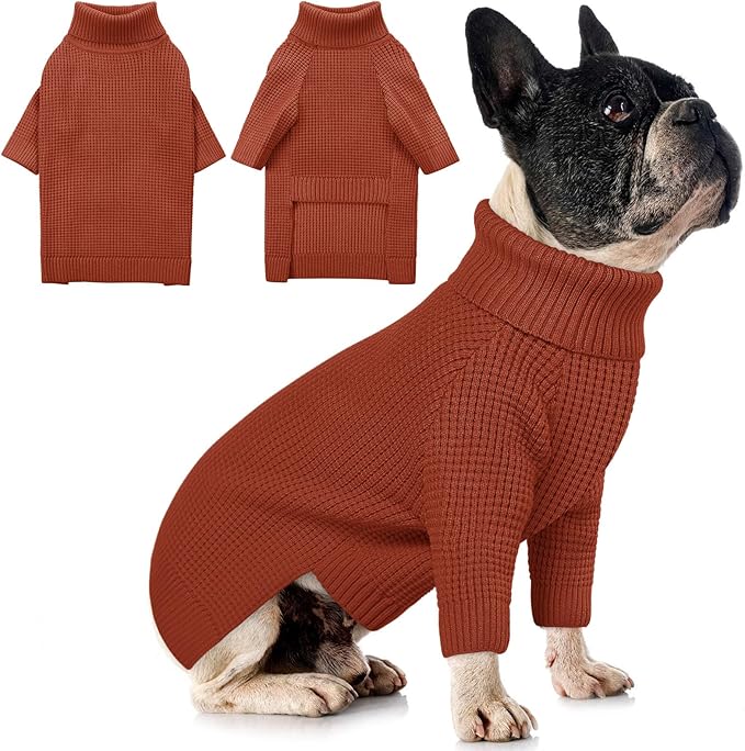 Queenmore Small Dog Sweater, Long Sleeve KnitSweater with Check Pattern, Warm Plaid Doggie Sweaters for Small Medium Dogs, Solid Pull-on Cat Knitwear, Saddle Brown S