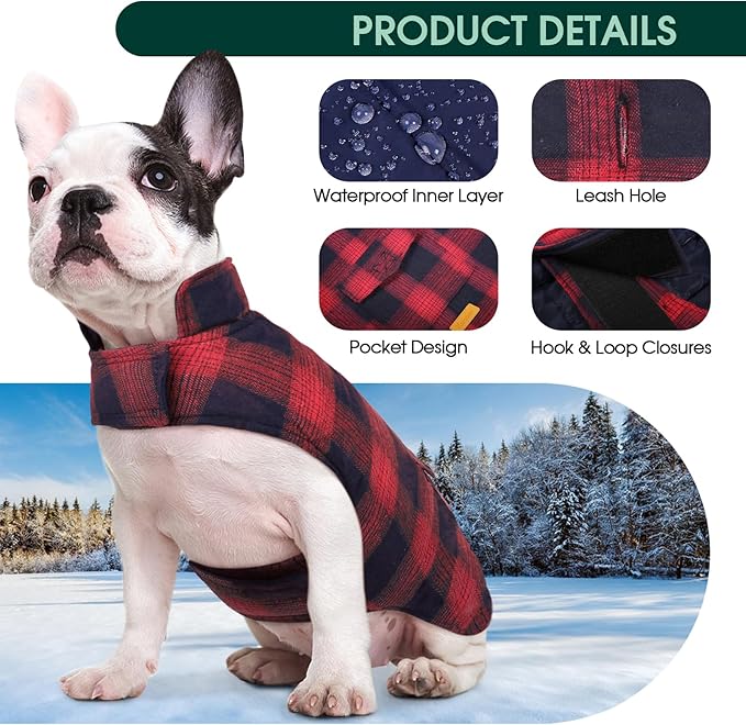 Kuoser Reversible Winter Coat, British Style Jacket for Medium and Large Dogs - Warm Windproof Puppy Cold Weather Clothes Vest, Red L