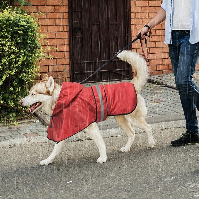 Waterproof Dog Raincoats - Hooded Raincoats for Dogs, Adjustable Reflective Dog Rain Coat, Windproof Dog Rain Jacket Pet Rain Slicker Poncho for Small, Medium, Large Dogs (Red, Large)