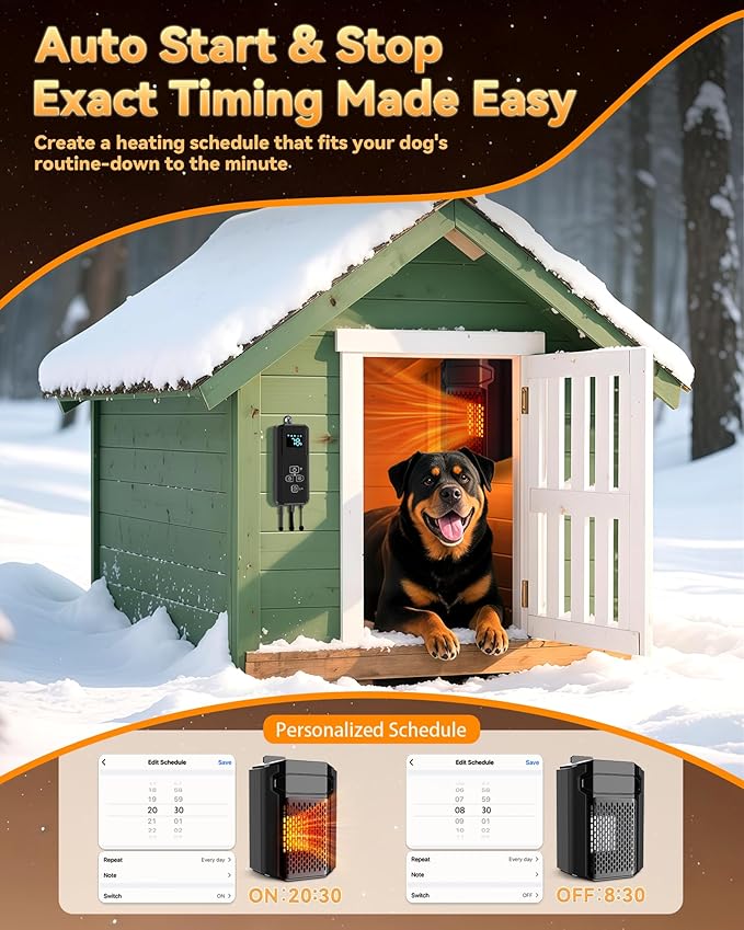 Dog House Heater with Thermostat & Smart APP WIFI Remote, 500W Fast Dog House Heaters Outdoor Doghouse, Chicken Coop, Pig Cat House, 41℉/113℉ Adjustable Temp & Timer, Pet Safe Space Electric Warmer
