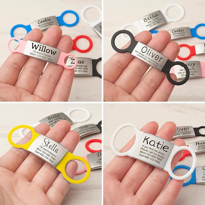 Anavia Slide On Silent Pet ID Tags, S/M/L/XL Personalized Multi-Color Silicone Band Cat Dog Name Tags, Customized Engraved Stainless Steel, Chew-Proof Quiet Dog Collar Tags (Red, X-Large)