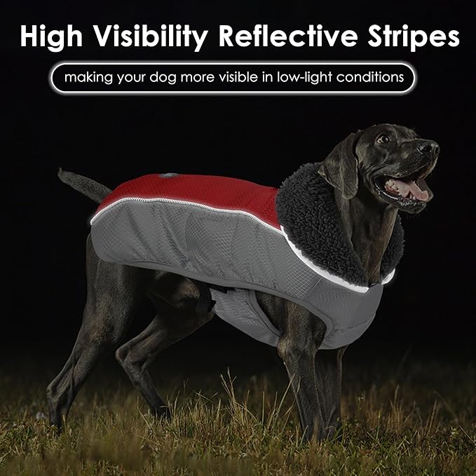 Dog Coat, Waterproof Ripstop Dog Winter Jacket with Leash Hole, Reflective Adjustable Warm Pet Fleece Snow Sweater for Small Medium Large Dogs - Red, M