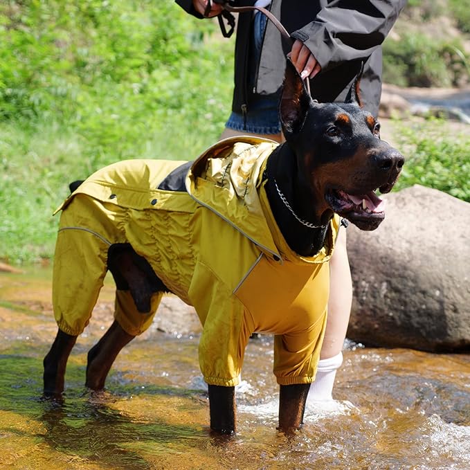 LOVELONGLONG Waterproof Dog Raincoat with Removable Hood – Outdoor Full Body Dog Jacket, Windproof Snowproof Shell Suit – All Season Pet Rain Gear Mustard Yellow XXS