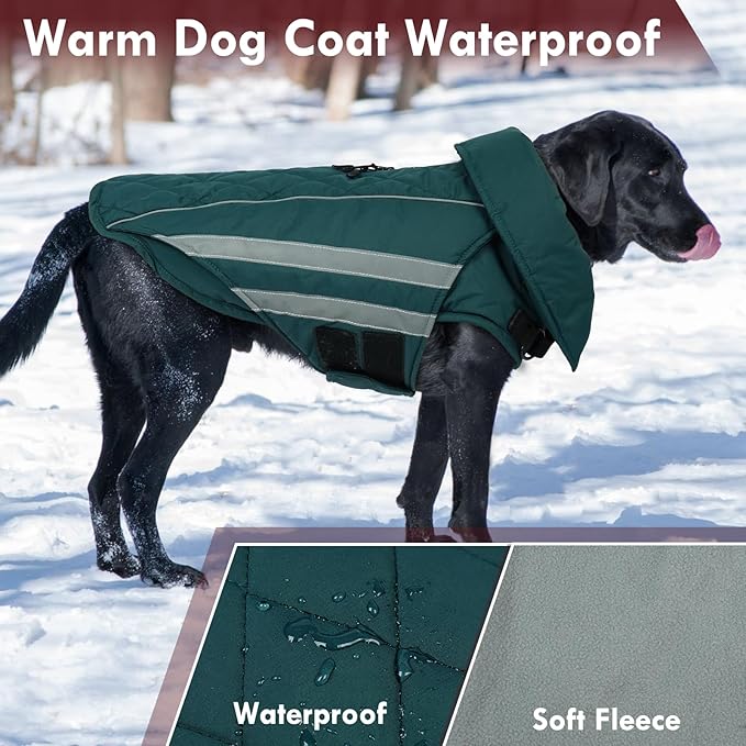Dog Winter Coat Waterproof Dog Jacket with Harness Hole Reflective Windproof Fleece Snowsuit Turtleneck Hook & Loop Cold Weather Coats for Large Dogs Great Dane Doberman, Green 4XL