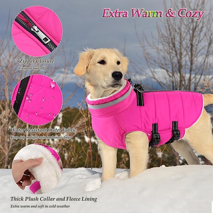 Dogcheer Dog Coat, Waterproof Dog Jacket with Harness, Reflective Adjustable Puppy Winter Coat with Zipper, Christmas Snow Jacket Clothes for Small Medium Large Dogs - Pink 3XL