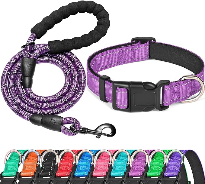 Reflective Dog Collar Padded with Soft Neoprene Breathable Adjustable Nylon Dog Collars for Small Medium Large Dogs (Large (Pack of 1), Purple Collar+Leash)