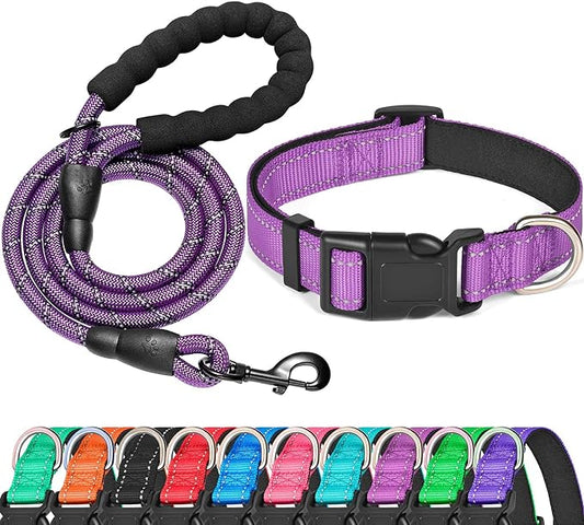 Reflective Dog Collar Padded with Soft Neoprene Breathable Adjustable Nylon Dog Collars for Small Medium Large Dogs (Large (Pack of 1), Purple Collar+Leash)