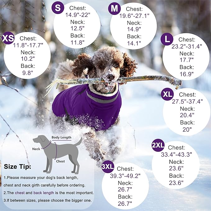Dogcheer Dog Coat with Harness, Waterproof Dog Jacket Adjustable Pet Winter Coat with Zipper, Christmas Puppy Snow Jacket Fleece Sweater for Small Medium Large Dogs - Purple 3XL
