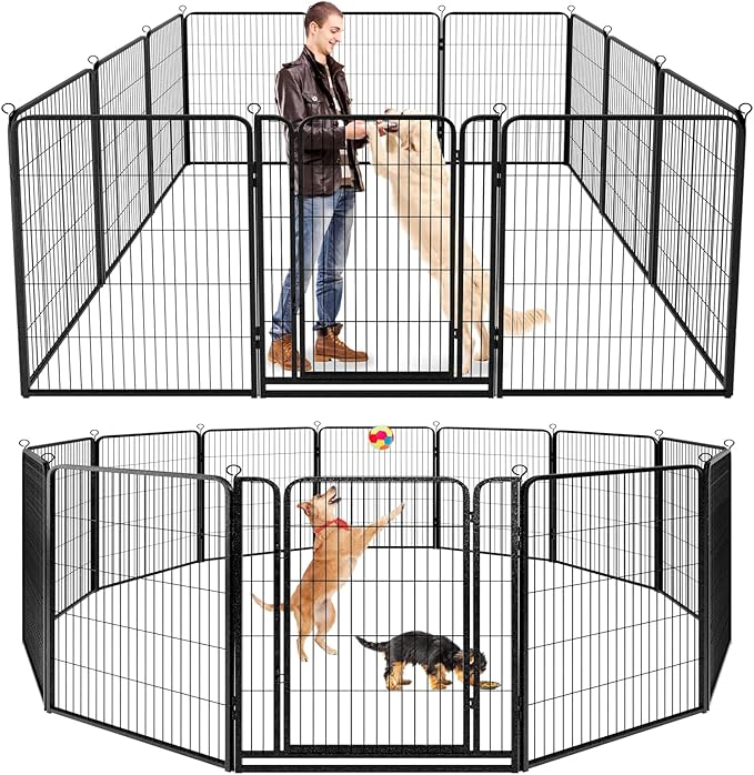 Dog Playpen Outdoor Extra Wide 12 Piece Panels Heavy Duty Dog Fence 47" Height Anti-Rust with Doors Portable for RV Camping Yard, Total 32FT, 79 Sq.ft, Snowy Black